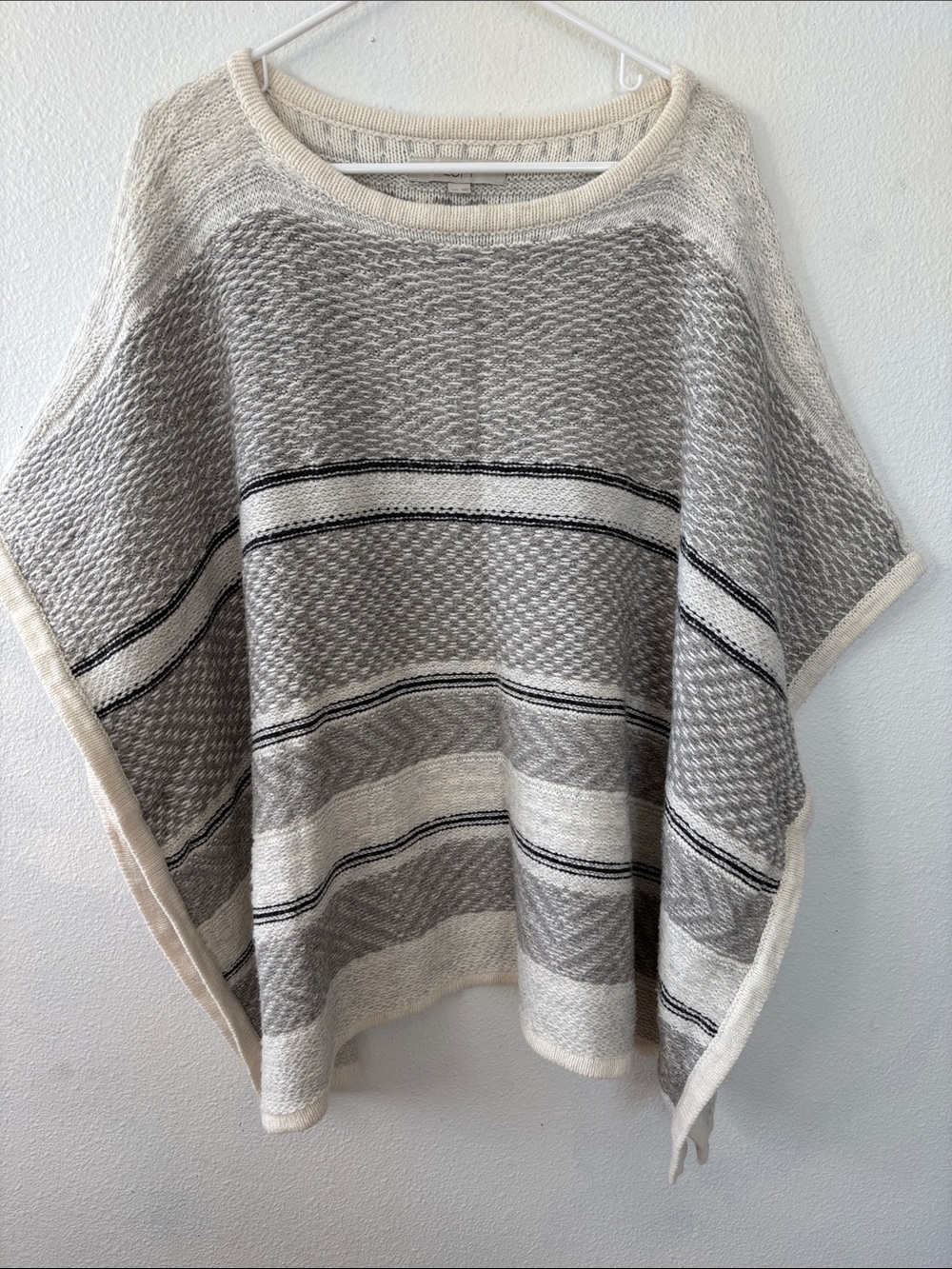 LOFT Cream and Gray Striped Knit Poncho cotton wool blend -793sku
